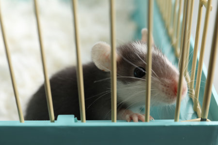 One adorable little rat in cage, closeupの写真素材