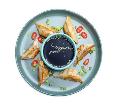 Fried gyoza dumplings with green onions, chili peppers and soy sauce isolated on white, top viewの写真素材
