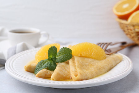 Delicious Crepes Suzette served on light table, closeupの写真素材
