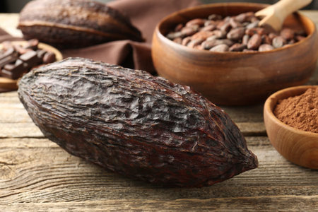 Cocoa pods, powder and beans on wooden table, closeupの写真素材