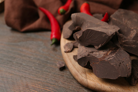 Pieces of chocolate with chili peppers on wooden table, closeup. Space for textの写真素材