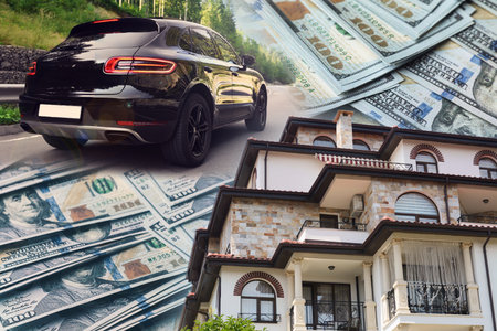 Wealth, luxury life concept. Collage with dollars, modern car and big houseの写真素材