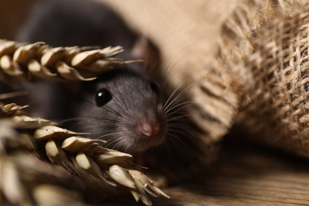 Gray rat with burlap fabric on table, closeup.の写真素材