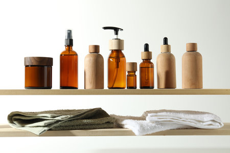Different cosmetic products and towels on wooden shelves against white backgroundの写真素材