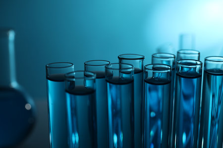 Test tubes with liquid on blue background, closeup. Color toned effect