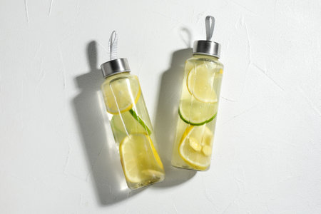 Lemon water with lime in bottles on white table, top view