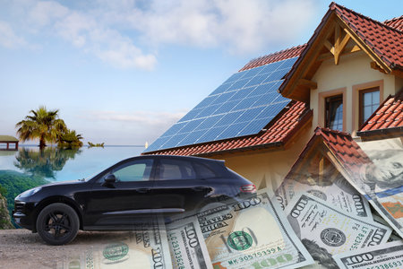 Wealth, luxury life concept. Collage with dollars, modern car, big house and resort