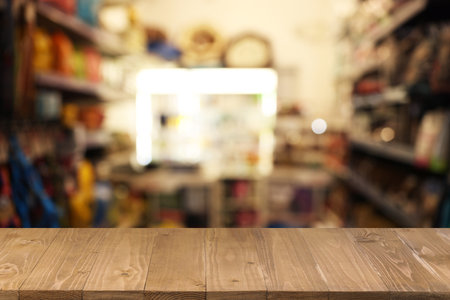 Empty wooden counter in pet shop. Space for designの写真素材