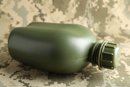Green plastic canteen on camouflage background, closeupの写真素材