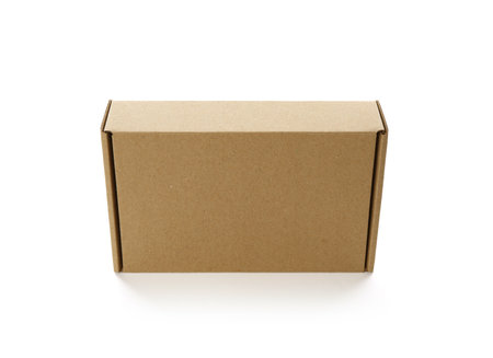 One closed cardboard box isolated on white. Mockup for designの写真素材