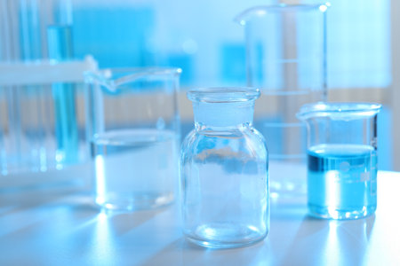 Laboratory glassware with liquid on table indoorsの写真素材