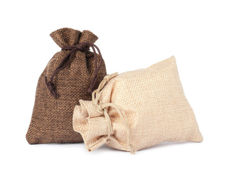 Two small burlap sacks isolated on whiteの写真素材