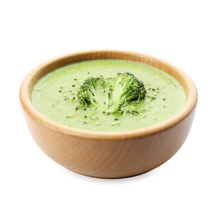 Delicious broccoli cream soup in bowl isolated on whiteの写真素材