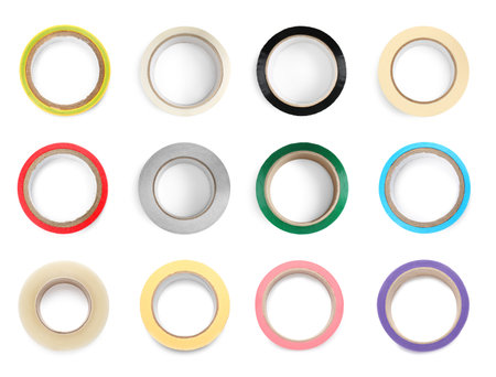 Rolls of different adhesive tapes isolated on white, set. Top viewの写真素材