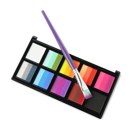 Bright face paint palette and brush isolated on white, top view