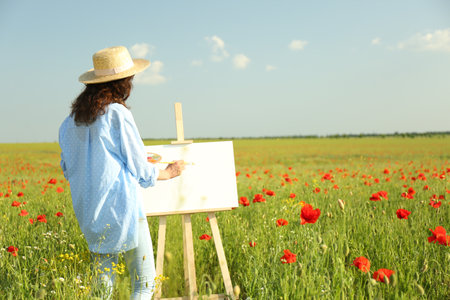Woman painting on easel in beautiful poppy field, back viewの写真素材