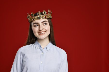 Smiling woman in elegant crown on dark red background. Space for text