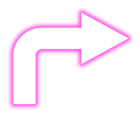 Pink neon arrow-shaped pointer on white backgroundの写真素材