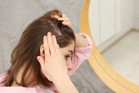 Girl with hair loss problem near mirror in bathroom, space for textの写真素材