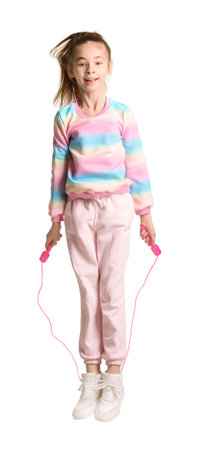 Cute little girl with jump rope on white backgroundの写真素材