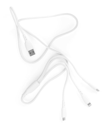 Triple charge cable isolated on white, top view
