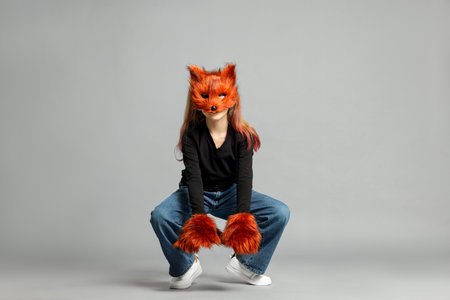 Quadrobics. Girl wearing fox mask and gloves on grey backgroundの写真素材