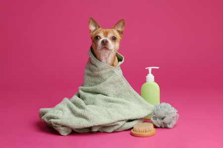 Cute funny dog wrapped in towel and different accessories for bathing on pink backgroundの写真素材
