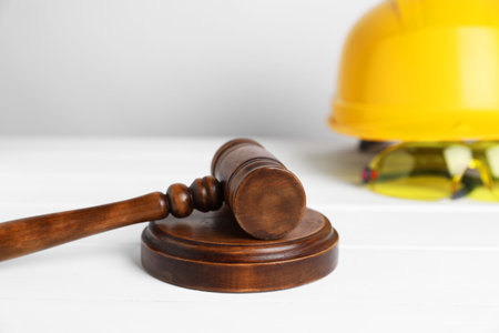 Accident at work concept. Gavel and construction worker's protective gear on white wooden table, selective focusの写真素材