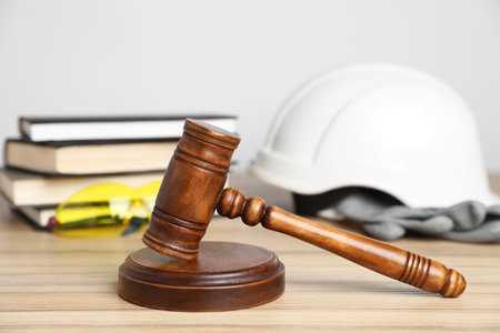 Accident at work concept. Gavel, books and construction worker's protective gear on wooden table, selective focusの写真素材