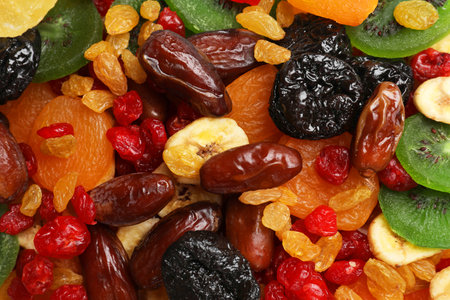 Mix of different dried fruits as background, closeupの写真素材