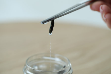Woman taking medicinal leech from jar with tweezers on table, closeupの写真素材