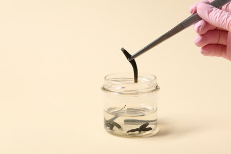 Woman taking medicinal leech from jar with tweezers on pale yellow background, closeupの写真素材