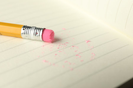 Pencil with eraser and scraps on sheet of paper, closeup