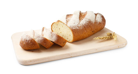 Wooden cutting board with fresh bread isolated on white