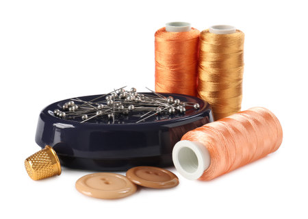 Many different sewing supplies isolated on whiteの写真素材