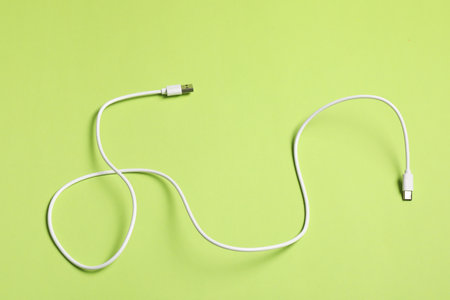 One USB charge cable on green background, top view