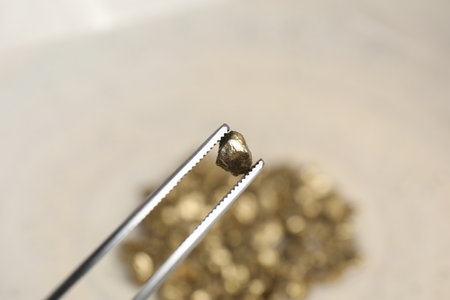 Tweezers with gold nugget against blurred background, closeup