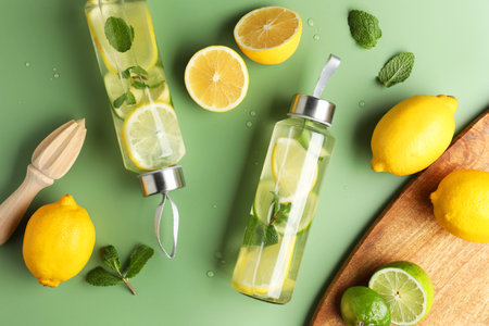 Lemon water with mint in bottles, fresh leaves and fruits on green background, flat layの写真素材