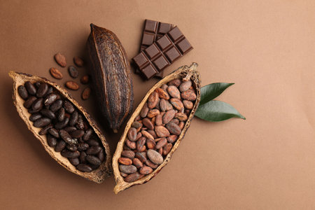 Cocoa pods with beans, chocolate and leaves on brown background, flat layの写真素材