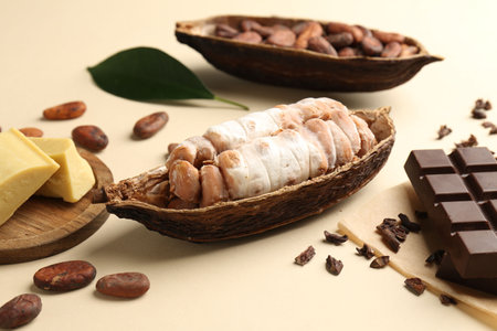 Cocoa pods with beans, butter and chocolate on beige background, closeupの写真素材