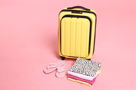 Suitcase, flip-flops and folded clothes on pink backgroundの写真素材