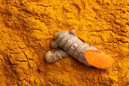 Fresh turmeric root on aromatic powder, top view