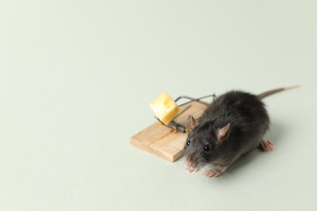 Rat and spring-loaded bar mousetrap with piece of cheese on light background, space for textの写真素材