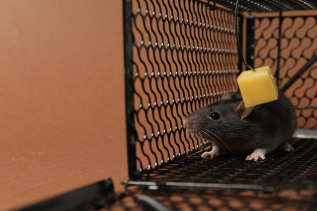 Rat in black metal mouse trap on brown background, closeup. Space for textの写真素材