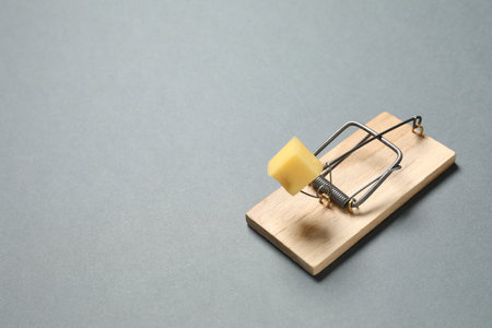 Spring-loaded bar mousetrap with piece of cheese on gray background, space for textの写真素材