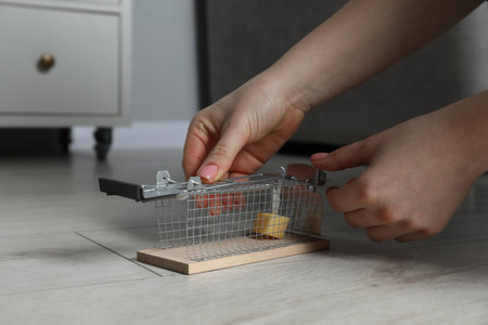 Woman with metal mouse trap indoors, closeupの写真素材