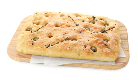 Focaccia bread with olives and thyme isolated on whiteの写真素材