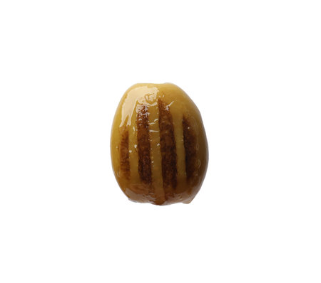 One grilled green olive in air on white background