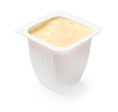 Delicious yogurt in plastic cup isolated on whiteの写真素材