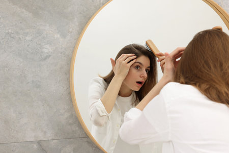 Girl with hair loss problem near mirror in bathroom, space for textの写真素材